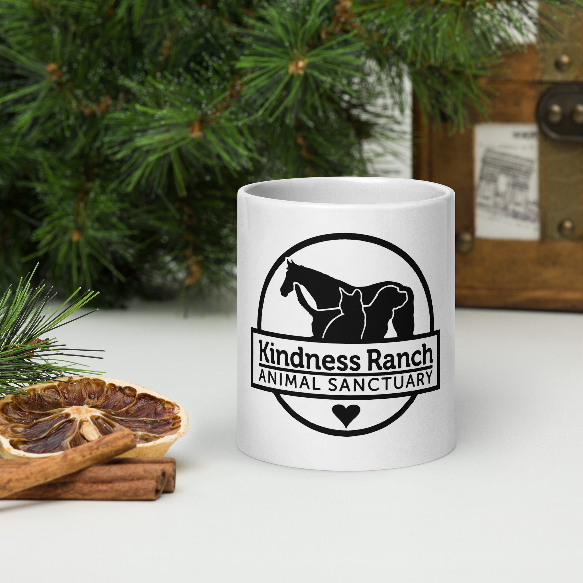 Kindness Ranch "Adopt Compassion, Rescue Love" White glossy mug